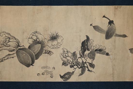 A Chinese ink painted hand scroll, 18th century, 32cm x 391.5cm, old repairs